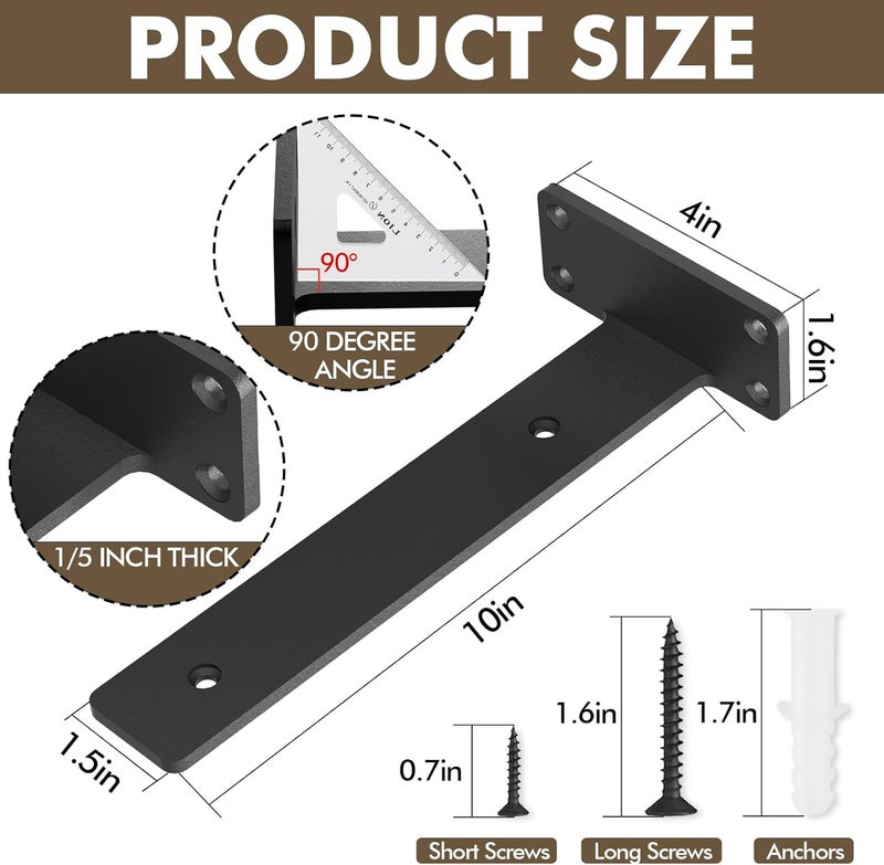 MIUGO Heavy Duty Shelf Bracket 4 Pack, Floating Shelf Brackets 10 inch Long, Brackets for Shelves, Black Coated Metal Wall Shelf Support Brackets（1/5"-Thick） - Image 3